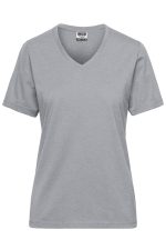 A grey ladies' V-neck work t-shirt with short sleeves and a small logo.