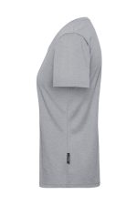 A grey ladies' T-shirt with short sleeves and a branded label at the hem, designed for workwear.