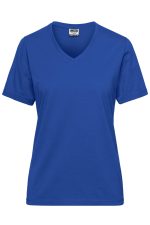 A blue ladies' workwear t-shirt with a v-neck and short sleeves, featuring a logo on the label.