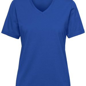 A blue ladies' workwear t-shirt with a v-neck and short sleeves, featuring a logo on the label.