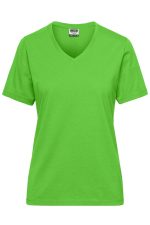A bright green ladies' V-neck workwear t-shirt made from soft fabric, featuring a logo.