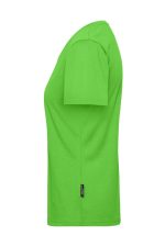 A bright green ladies workwear t-shirt featured in a side view, showcasing its short sleeves and relaxed fit.