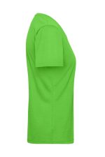 A bright green ladies' work T-shirt displayed from the side, featuring short sleeves and a basic design.