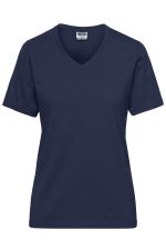 A navy blue ladies' V-neck workwear T-shirt featuring short sleeves and a logo.