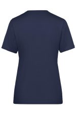 A navy blue ladies' T-shirt featuring a simple design and a logo on the back, suitable for workwear.