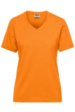 An orange ladies' workwear t-shirt with a v-neck and short sleeves, featuring a branding logo.