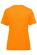 An orange ladies workwear t-shirt with short sleeves and a round neckline, featuring a branding logo on the back.