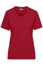 A red ladies v-neck t-shirt with short sleeves, featuring a logo on the label.