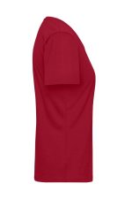 A red ladies' workwear t-shirt displayed from the side, featuring a simple design and a logo on the front.