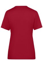 A red ladies' workwear T-shirt with short sleeves and a simple design, featuring a logo on the back.