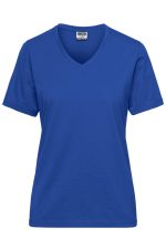A blue v-neck t-shirt designed for women, featuring short sleeves and a simple, classic style with a logo.