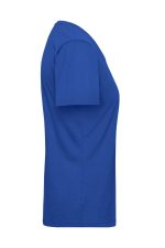 A side view of a women's T-shirt in a vibrant blue colour, featuring short sleeves and a casual fit.