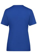A blue ladies' workwear t-shirt with a classic short-sleeve design and a plain back. It features a logo.