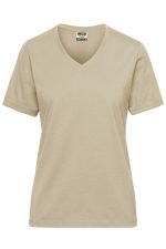 A beige ladies' V-neck T-shirt with short sleeves and a tag visible inside the neckline. It features a logo.