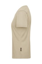 A beige ladies' T-shirt with short sleeves and a side label, designed for workwear use.