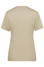 A beige ladies' workwear t-shirt with short sleeves and a crew neck, featuring a logo on the back.