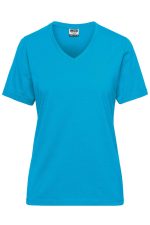 A bright turquoise ladies' V-neck work t-shirt. It features short sleeves and a simple design.