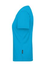 A turquoise ladies' workwear T-shirt featuring short sleeves and a side logo.