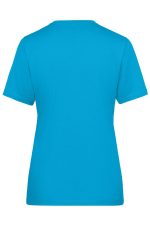 A bright blue ladies' workwear T-shirt with a round neck and short sleeves, featuring a logo on the back.