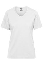 A white ladies' t-shirt with a v-neck and short sleeves, featuring a logo.