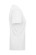 A white ladies' workwear T-shirt displayed from the side, featuring short sleeves and a fitted silhouette.