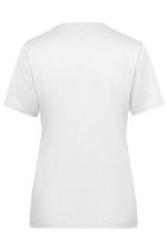 A white ladies' T-shirt featuring a simple design and short sleeves, with no visible branding on the back.