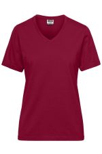 A maroon V-neck T-shirt for ladies, featuring short sleeves and a logo on the label.