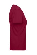 A maroon ladies workwear T-shirt with short sleeves and a fitted design, featuring a logo.