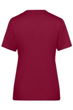 A burgundy ladies' work T-shirt featuring a plain back and a simple design, with a logo present.