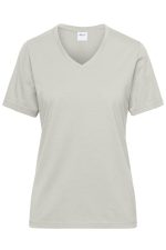 A light grey ladies' V-neck work T-shirt featuring short sleeves and a logo.
