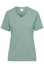 A mint green ladies' V-neck workwear T-shirt featuring short sleeves and a subtle logo on the label.