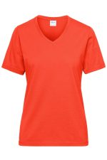 A vibrant orange Workwear T-shirt featuring a V-neck and short sleeves, with a logo on the label.