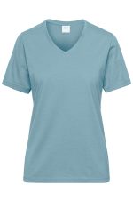 A ladies' v-neck work T-shirt in a soft blue colour, featuring short sleeves and a logo.