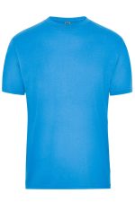 A bright blue men's workwear T-shirt with a simple design and a logo on the label.