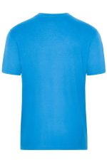 A blue work t-shirt with a round neckline and short sleeves, featuring a logo on the back.