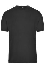 A black men's work t-shirt with a classic fit, featuring a logo on the front. Ideal for workwear.