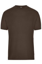 A brown men's workwear T-shirt with a round neckline and short sleeves. Features a branding logo.