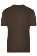 A brown men's t-shirt featuring a plain design and short sleeves, with a logo on the back.