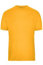 A short-sleeved men's T-shirt in bright yellow, featuring a logo on the chest area.