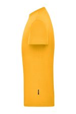A yellow men's workwear T-shirt displayed from the side, featuring a simple design and a logo.