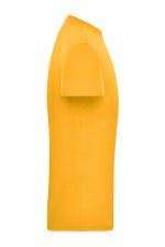 A yellow short-sleeved men's workwear t-shirt with a plain design and a logo on it.