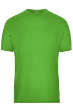 A bright green men's T-shirt, featuring a crew neck and short sleeves. The shirt has a branding logo.