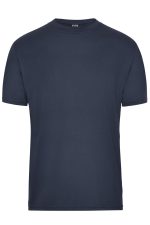 A navy blue men's workwear T-shirt featuring a simple design and a logo on the label.