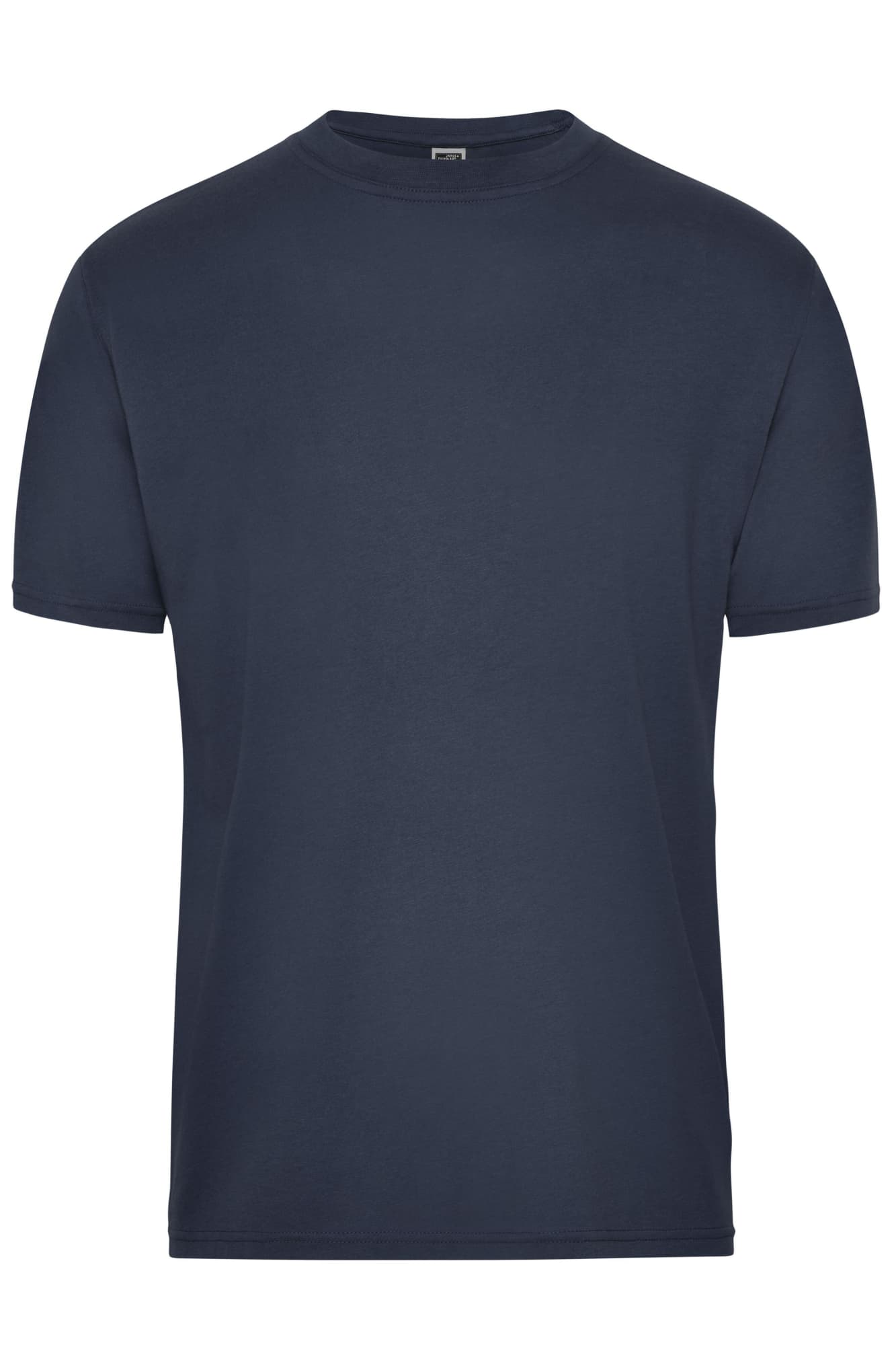 A navy blue men's workwear T-shirt featuring a simple design and a logo on the label. A navy blue men's workwear T-shirt featuring a simple design and a logo on the label.