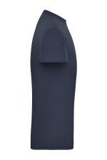 A navy blue men's t-shirt with short sleeves, featuring a logo on the side.