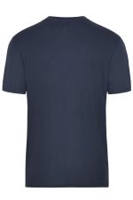A navy blue men's t-shirt featuring a simple, classic design and a logo on the back.