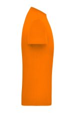 An orange men's t-shirt viewed from the side, featuring short sleeves and a simple design. It has a logo on it.