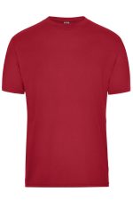 A red men's workwear t-shirt featuring a plain design and a crew neck. It has a logo on the label.