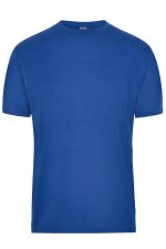 A blue short-sleeved workwear t-shirt with a crew neck and a logo.