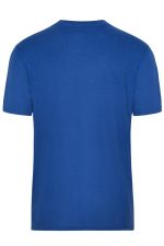 A blue men's t-shirt with a crew neck and short sleeves, featuring a logo on the back.